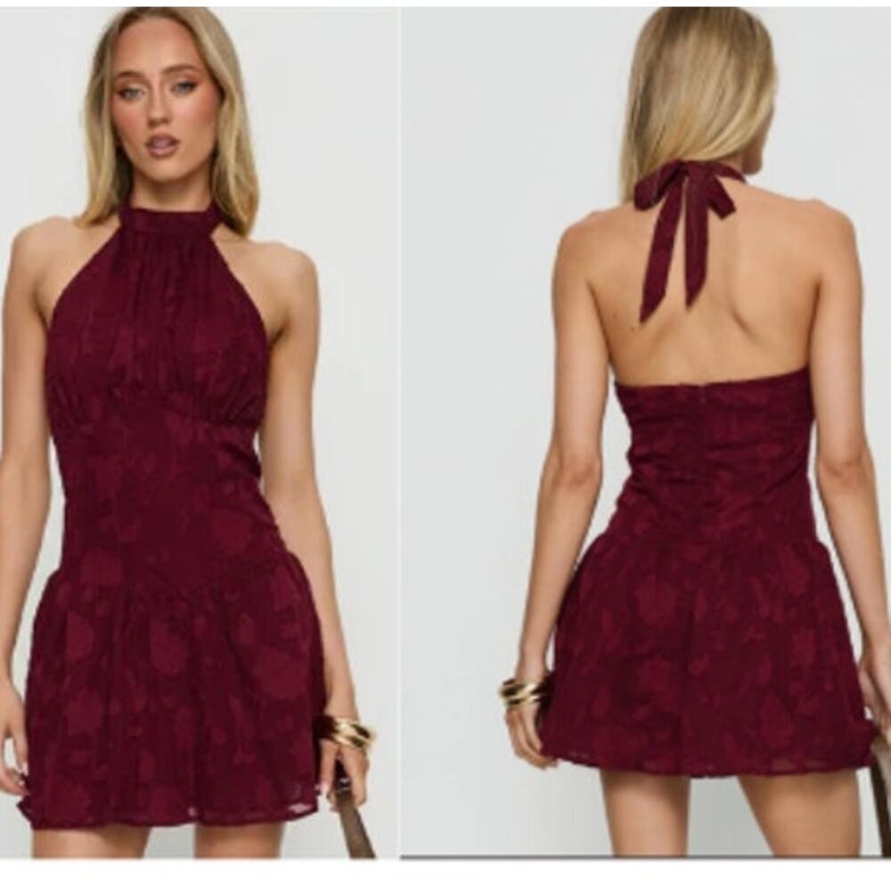 Princess Polly Halter Dress Romper Playsuit Sz Small / 4 Burgundy Floral 3D NWT